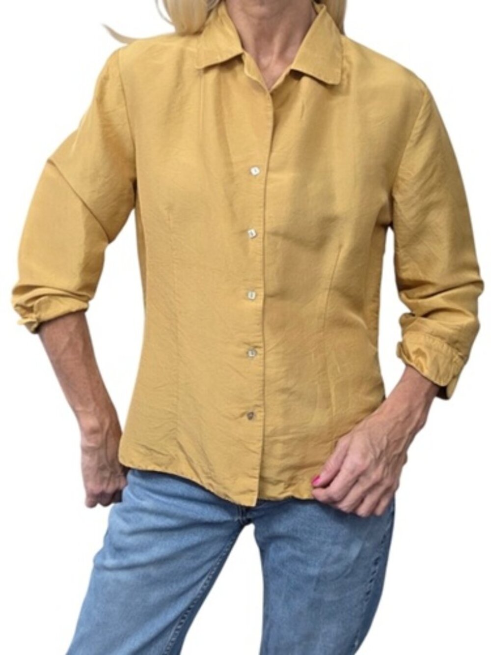 Alison Taylor 100% Silk Mustard Gold 3/4 Sleeve Blouse M